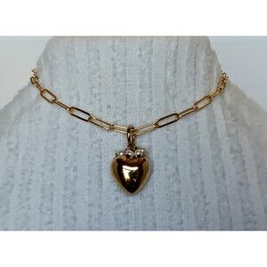 Goldtone Puffy Heart Dangle Paper Clip Chain Choker Necklace 14-16 in